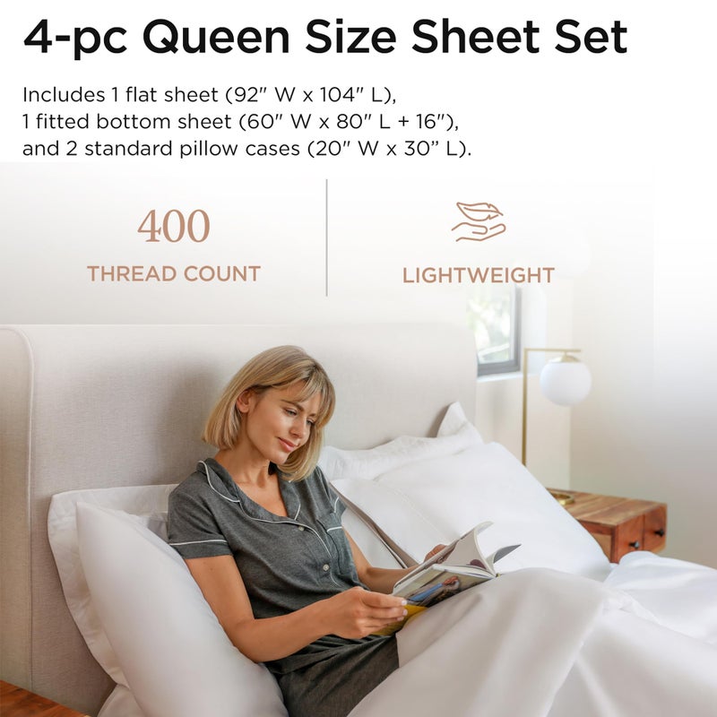 Threadmill Egyptian Cotton Queen Sheet Set | 100% Certified Egyptian Cotton Sheets for Queen Size Bed | Queen Bed Sheets Set with Snug Fit 16" Deep Pocket | Soft Cooling Sateen Bedding Set | White - Image 2